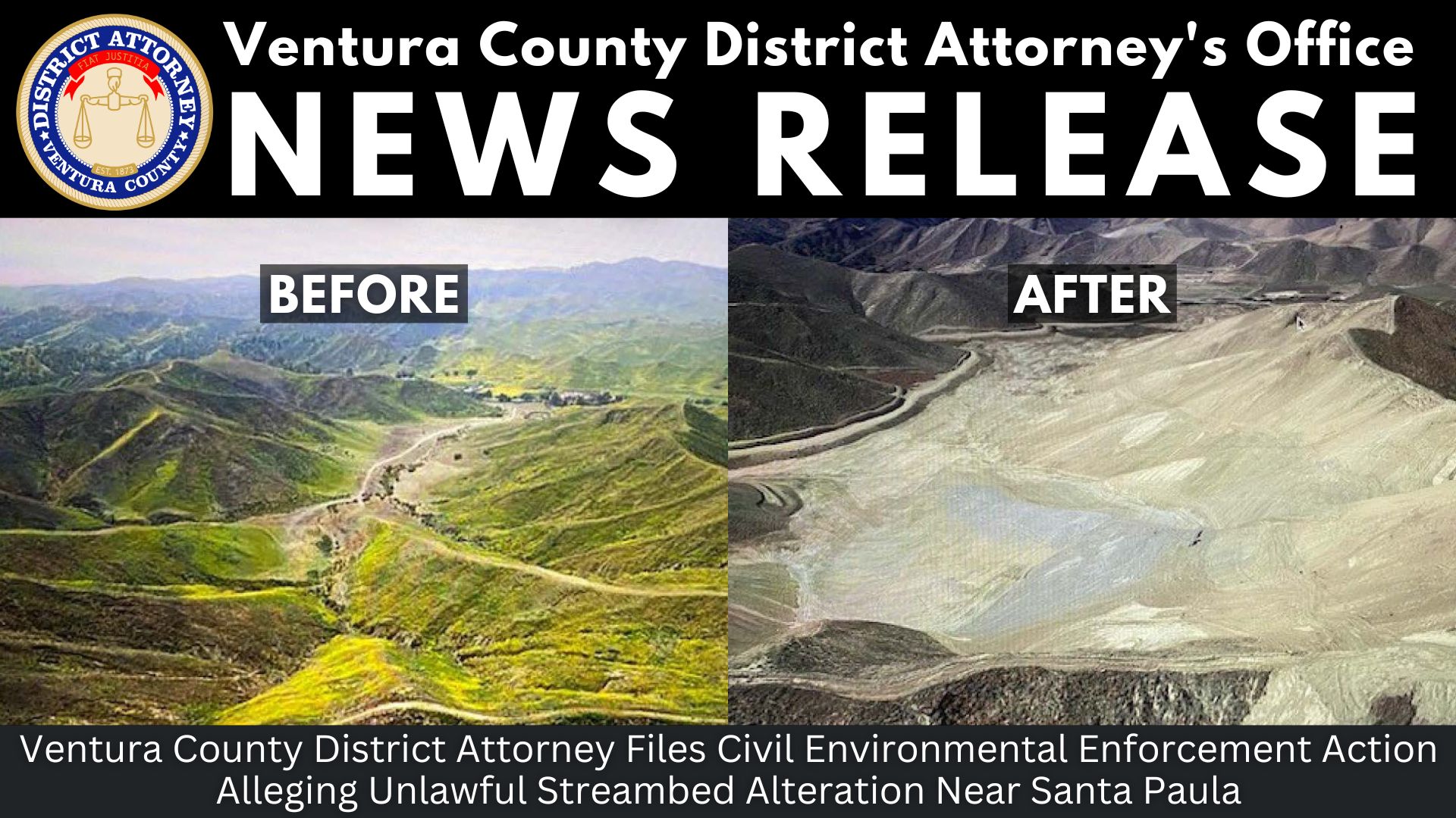 Ventura County District Attorney Files Civil Environmental Enforcement Action Alleging Unlawful Streambed Alteration Near Santa Paula