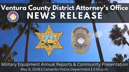 Ventura County District Attorney's Office News Release image. Palm trees in the background with the logos of the Sheriff's Office and Bureau of Investigation in the center.