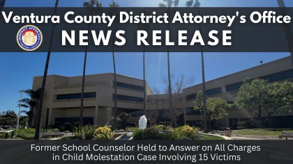 VCDA News Release cover photo with headline: Former School Counselor Held to Answer on All Charges in Child Molestation Case Involving 15 Victims