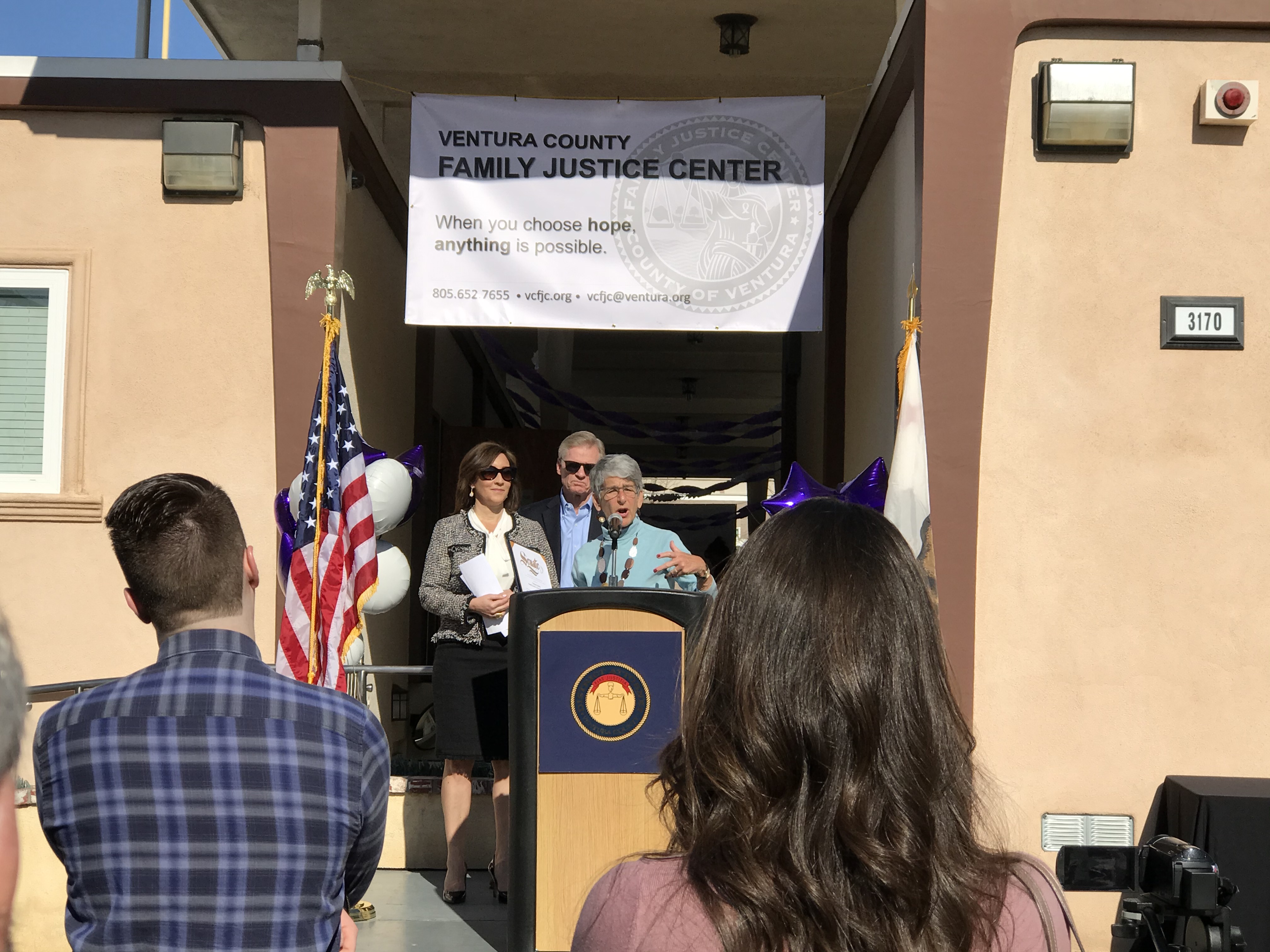 Crowd watching CA State Senator Hannah-Beth Jackson speak at FJC grand opening